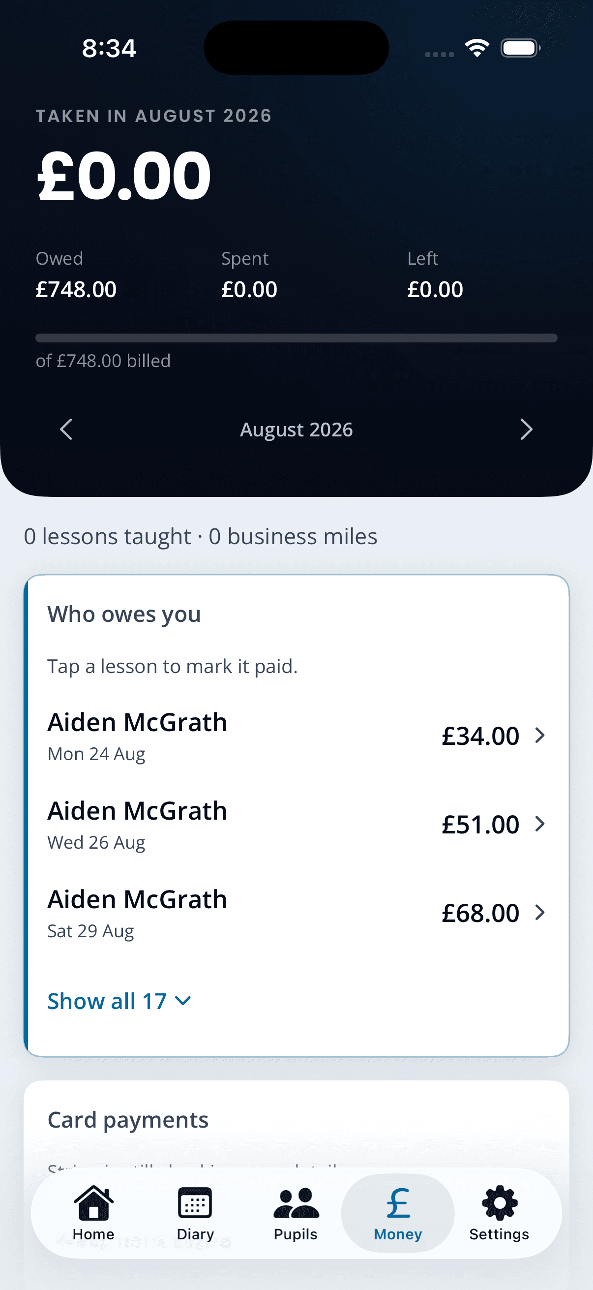 The Money screen in the Kerby app